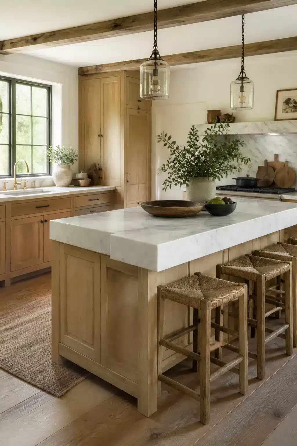 Wide-plank oak wood kitchen cabinets with marble countertops, thick marble island slab and exposed ceiling beams