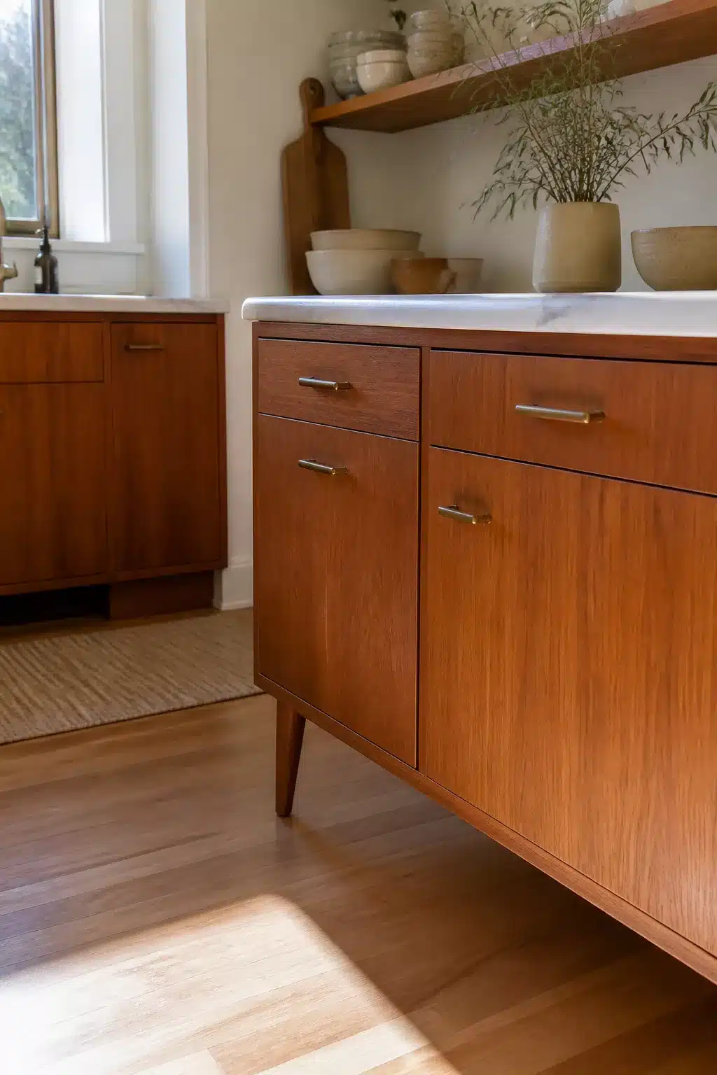 Mid-century teak wood kitchen cabinets with tapered legs and white marble countertops, brass bar pulls