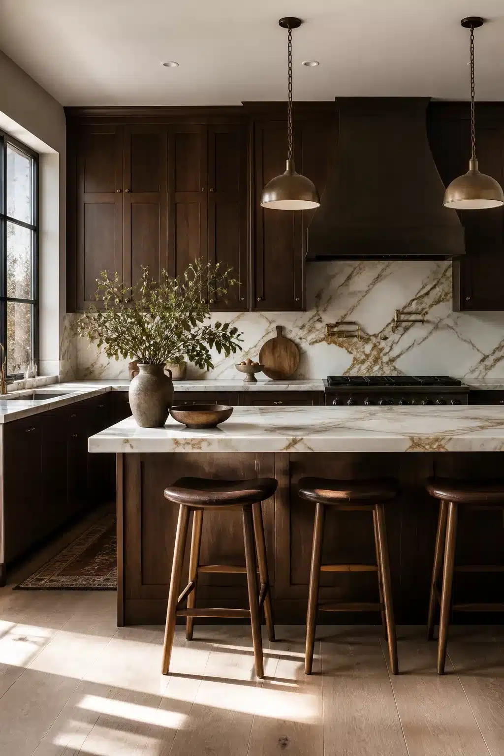 Dark walnut wood kitchen cabinets with Calacatta Gold marble countertops and full-height backsplash