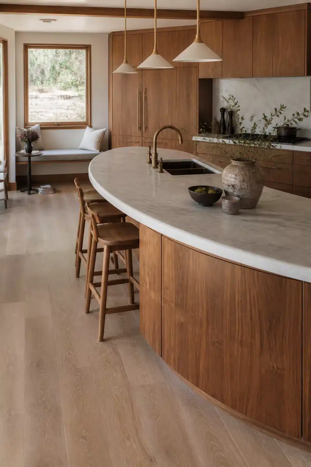 Curved walnut wood kitchen cabinets with honed gray marble countertops, oval island, brass faucet, and pendant lights.