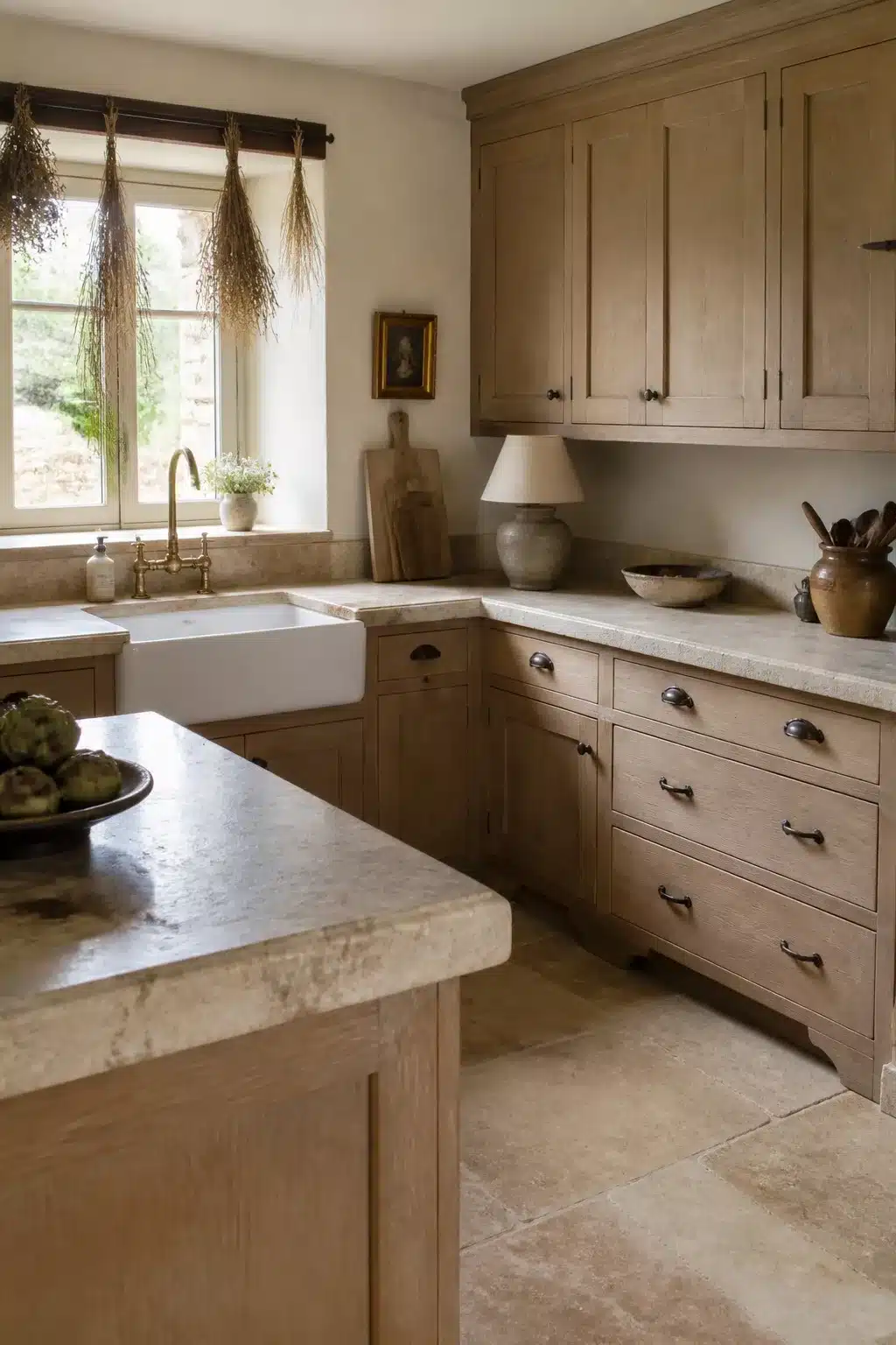 Limewashed wood kitchen cabinets with honed marble countertops, farmhouse sink, and aged brass hardware