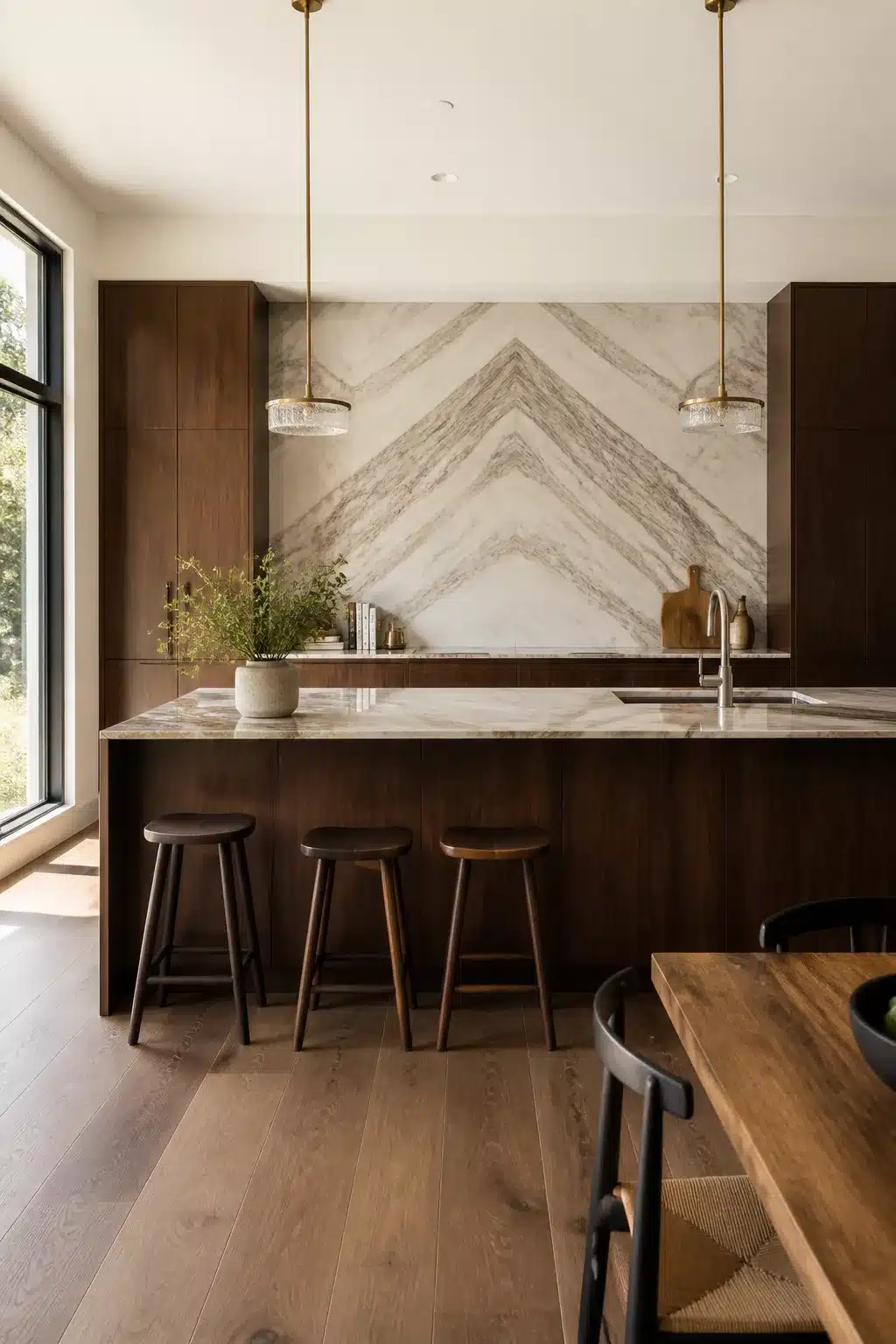 Black walnut wood kitchen cabinets with marble countertops and a book-matched chevron marble backsplash