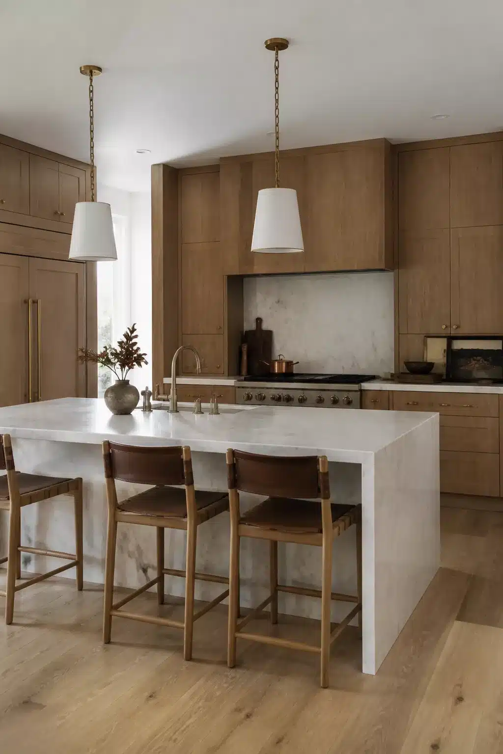 Quarter-sawn oak wood kitchen cabinets with marble countertops and a thick waterfall marble island
