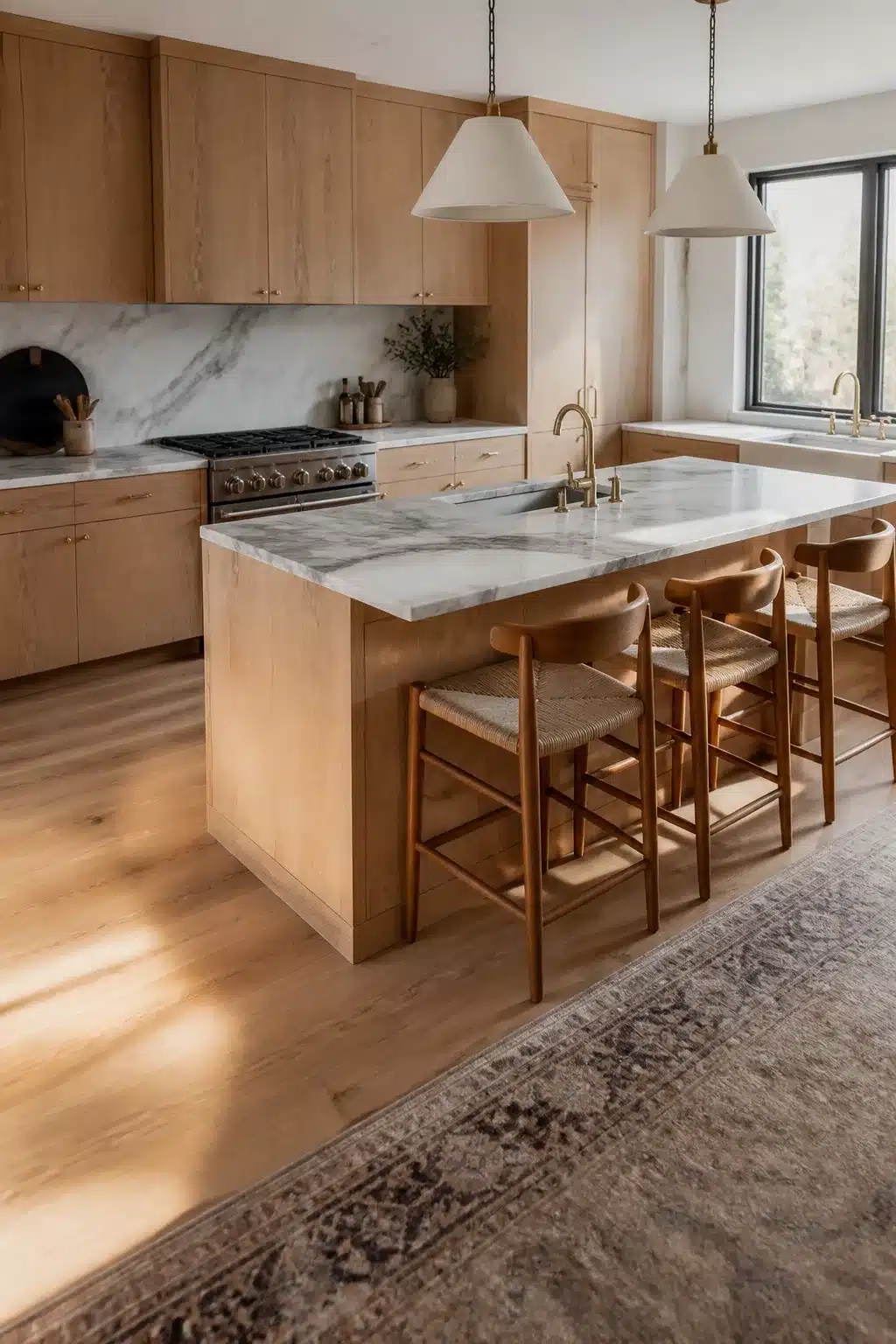 Bleached oak wood kitchen cabinets with Statuario marble countertops, brass hardware, and woven counter stools