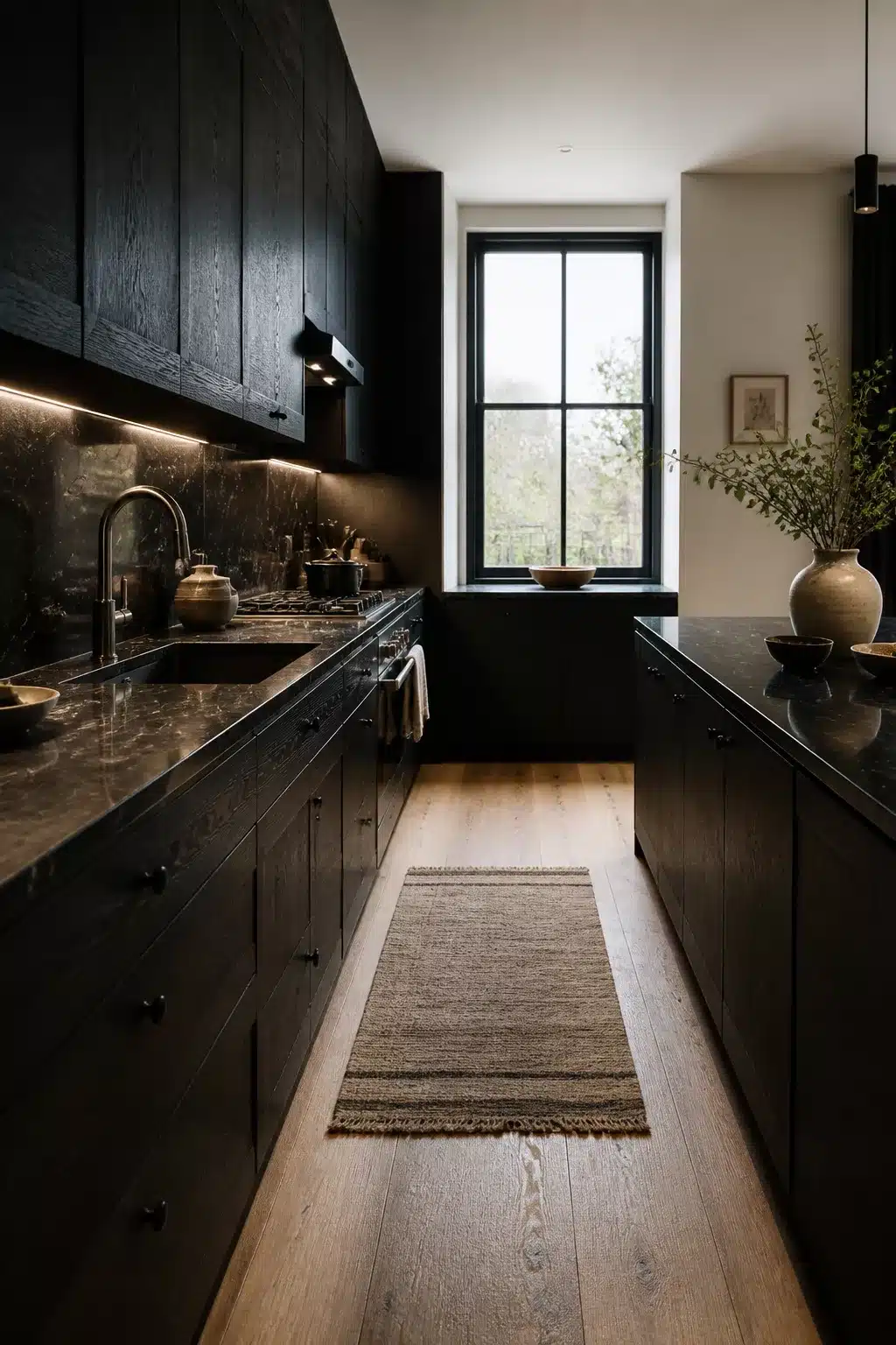 Ebonized wood kitchen cabinets with Black Marquina marble countertops and warm oak hardwood floor in a dark galley kitchen