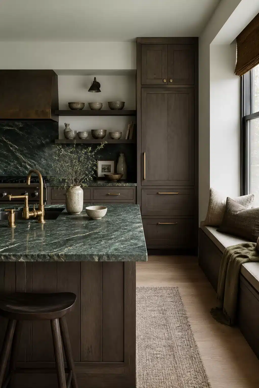 Smoked oak wood kitchen cabinets with green marble countertops, brass hardware, and a cozy window bench seat