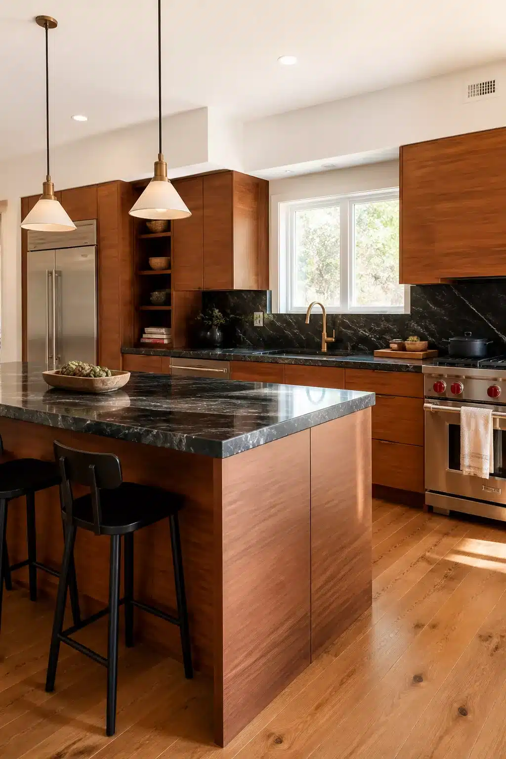 Natural teak wood kitchen cabinets with Nero Marquina marble countertops, brass pendants, and stainless range
