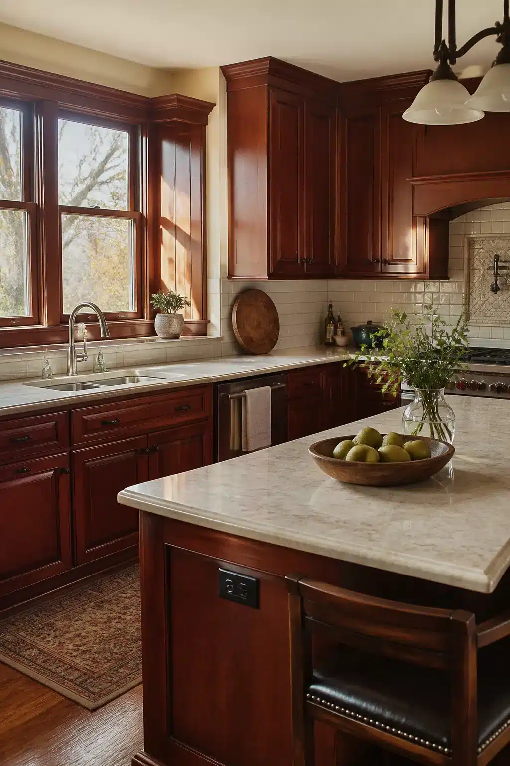 Cherry wood kitchen cabinets with cream marble countertops, island seating, and warm natural light