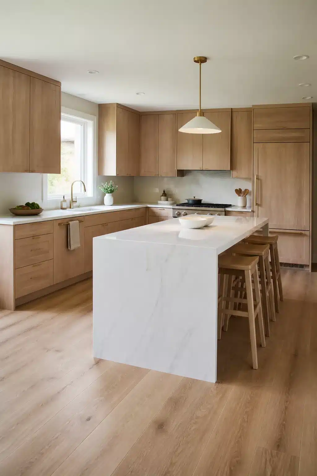 Blonde oak wood kitchen cabinets with white counters and a marble waterfall island — warm, minimal design