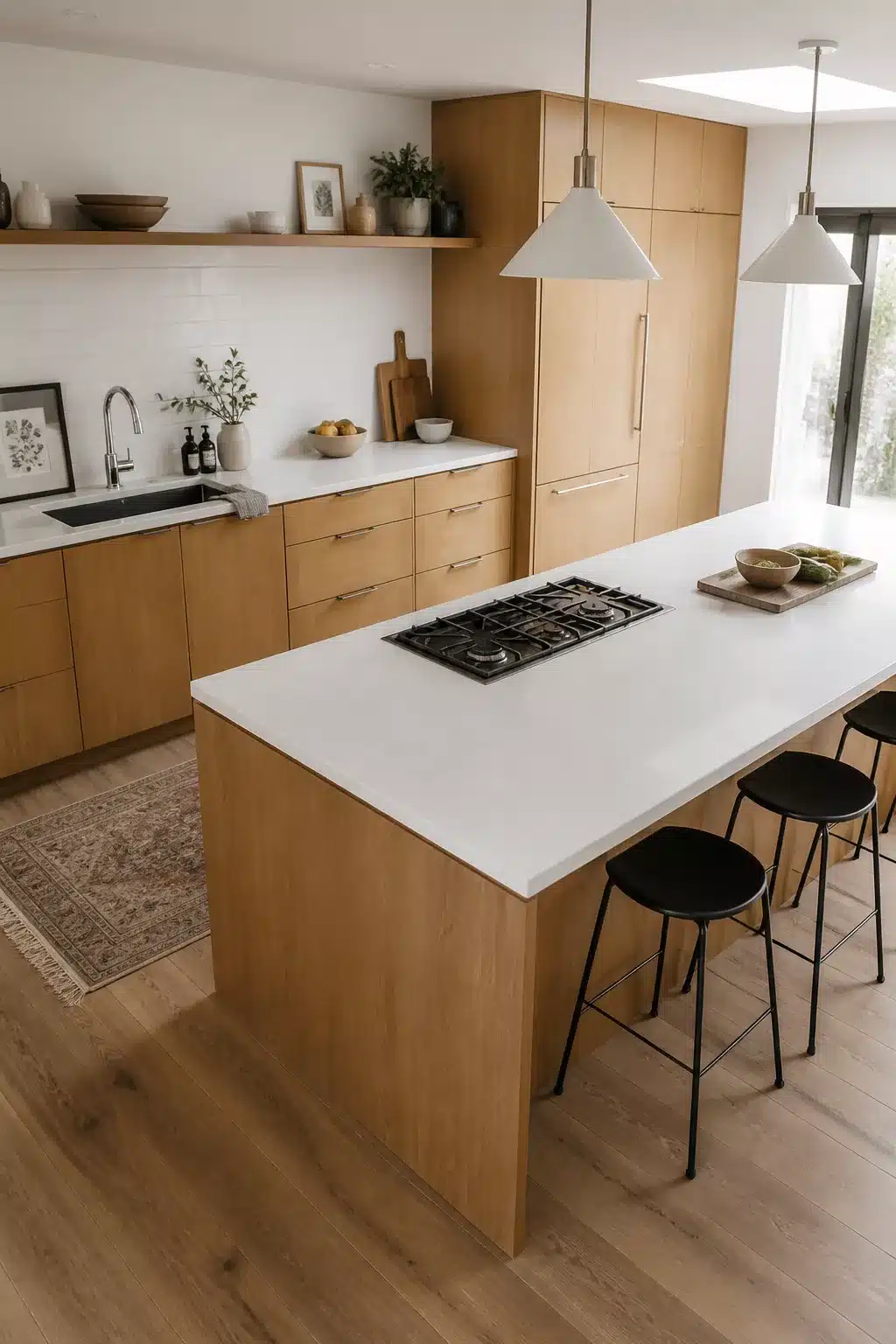 Flat-front oak wood kitchen cabinets with white counters and an integrated gas cooktop island, black stools