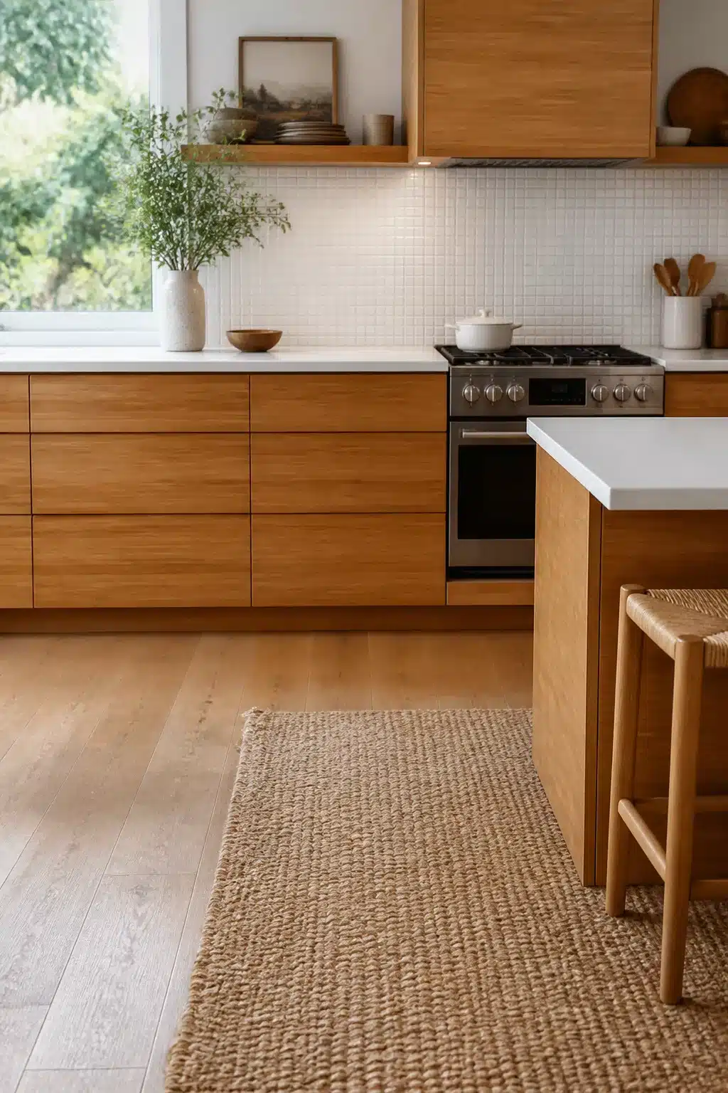 Bamboo flat-front wood kitchen cabinets with white counters, tile backsplash, and jute runner
