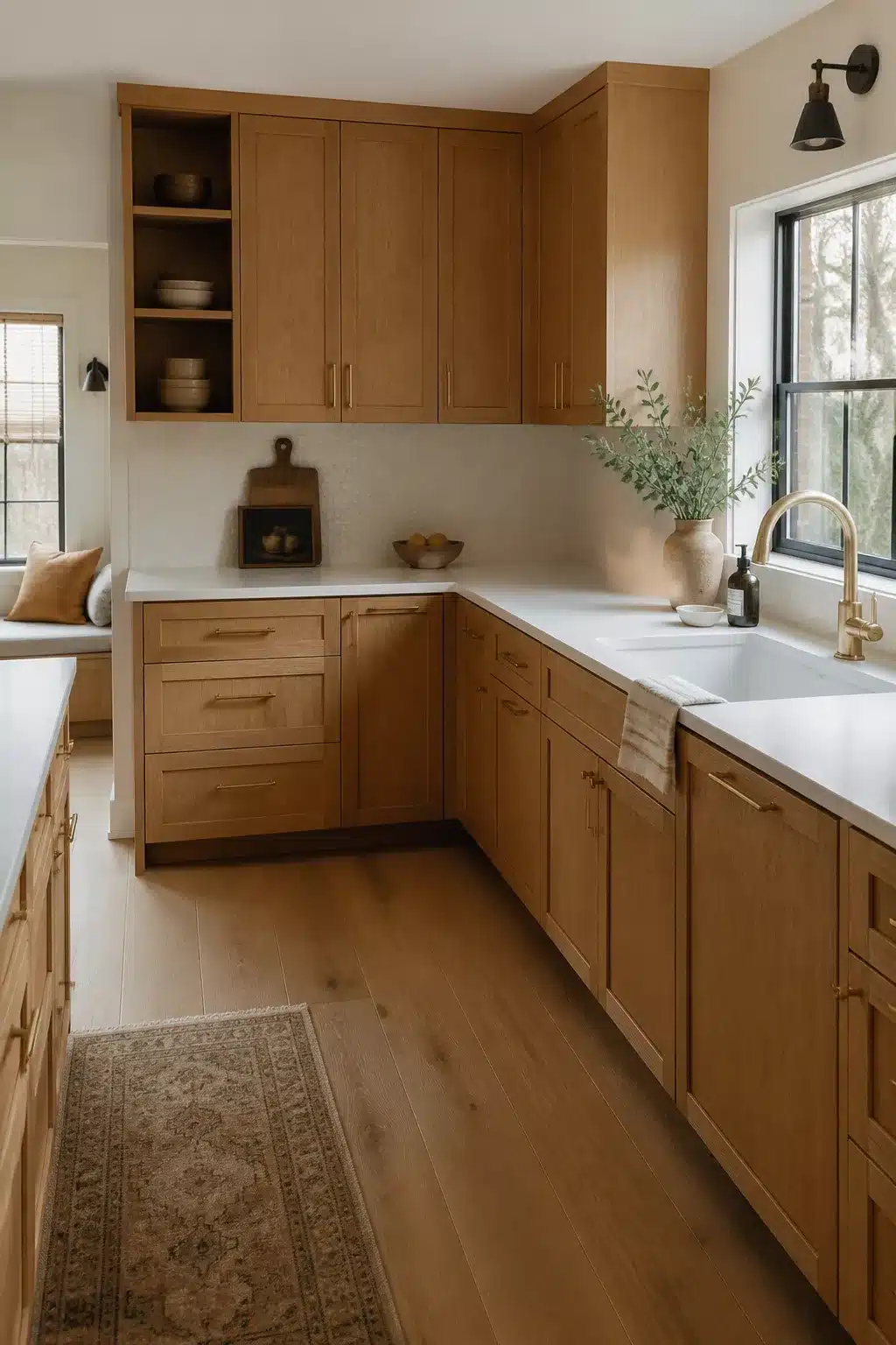 Quarter-sawn white oak wood kitchen cabinets with white counters, brass hardware, and L-shaped layout