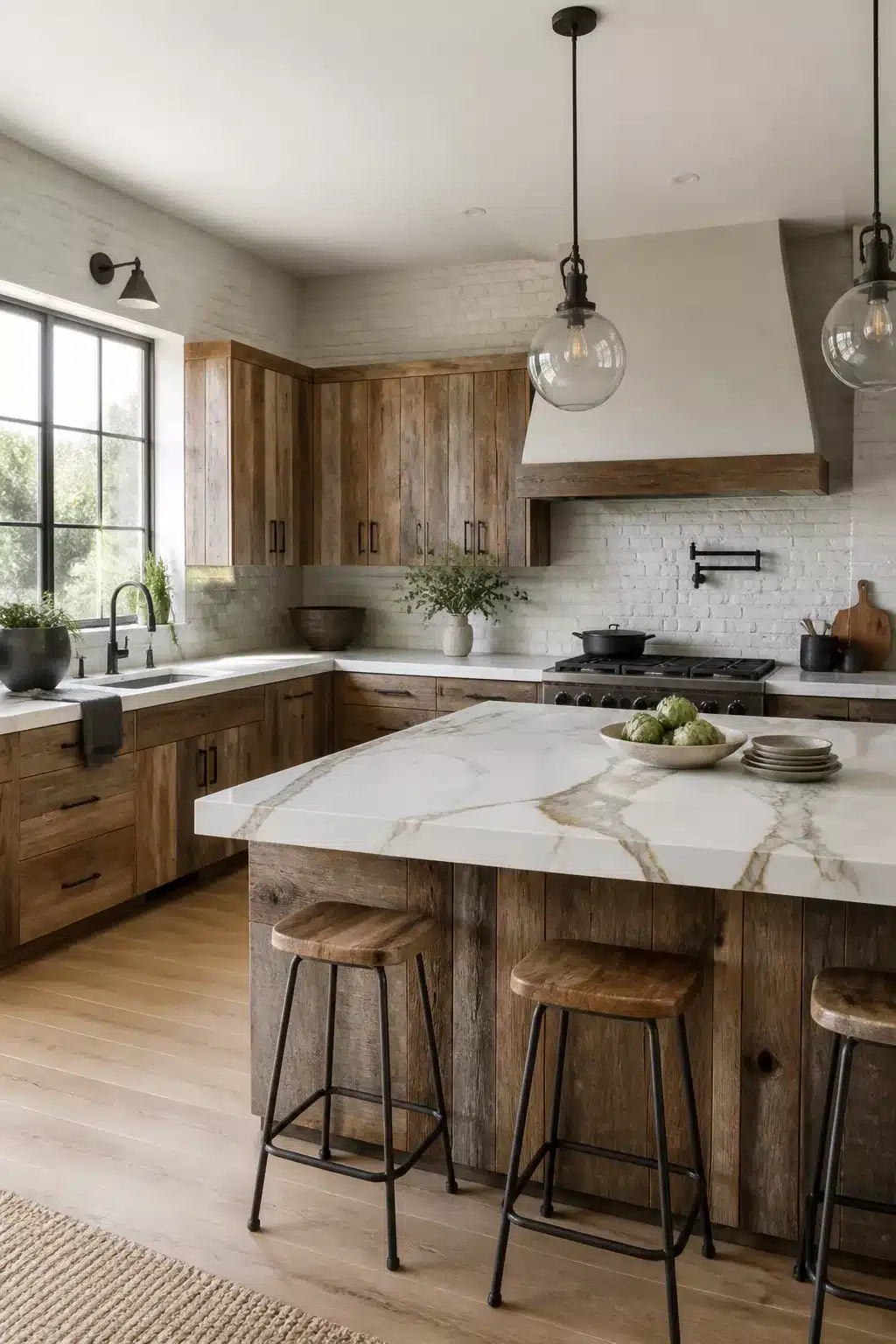 Reclaimed wood kitchen cabinets with white Calacatta marble countertops, brick backsplash, and globe pendant lights.