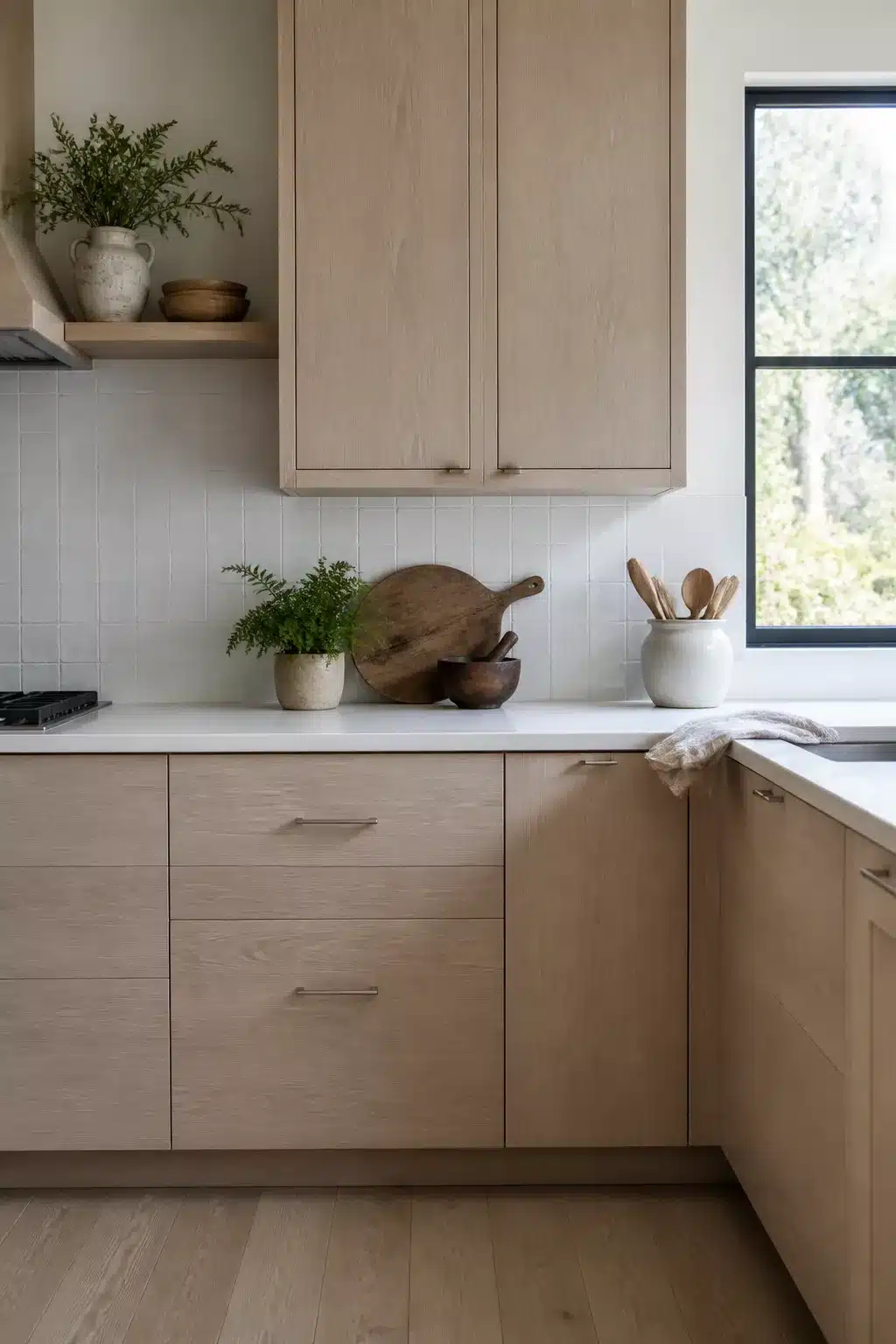 Wire-brushed oak wood kitchen cabinets with white counters, vertical tile backsplash and black window frame
