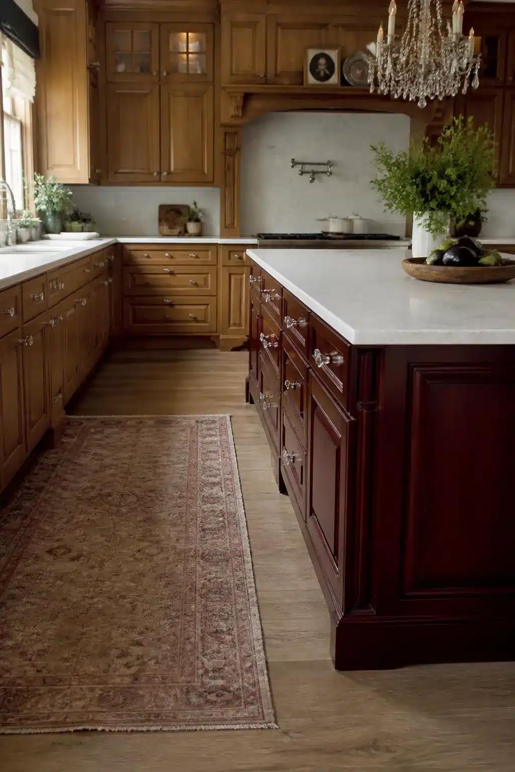 Wood kitchen cabinets with white counters featuring a deep mahogany island base, honey perimeter cabinetry, and a crystal chandelier.