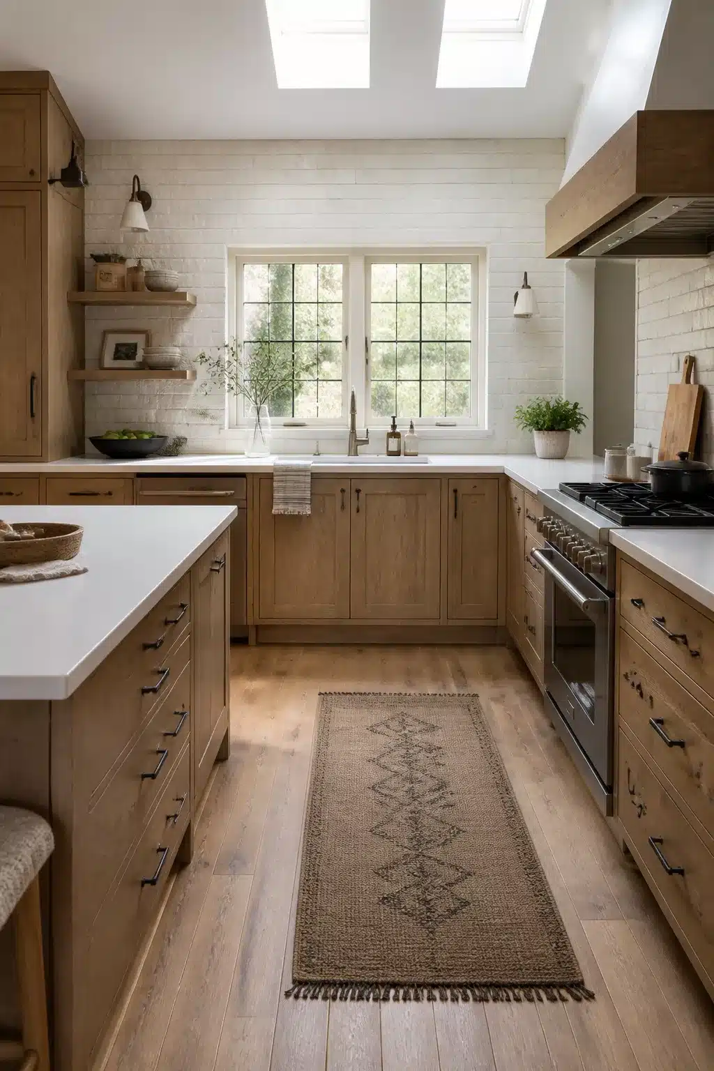 Wire-brushed oak wood kitchen cabinets with white engineered stone counters, skylights, and a jute runner