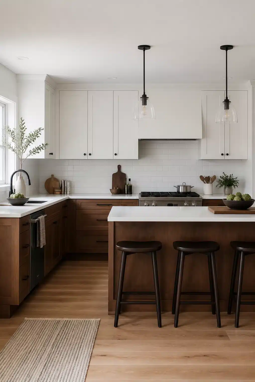 Dark walnut lower cabinets with white upper cabinets and white countertops — wood kitchen cabinets with white counters