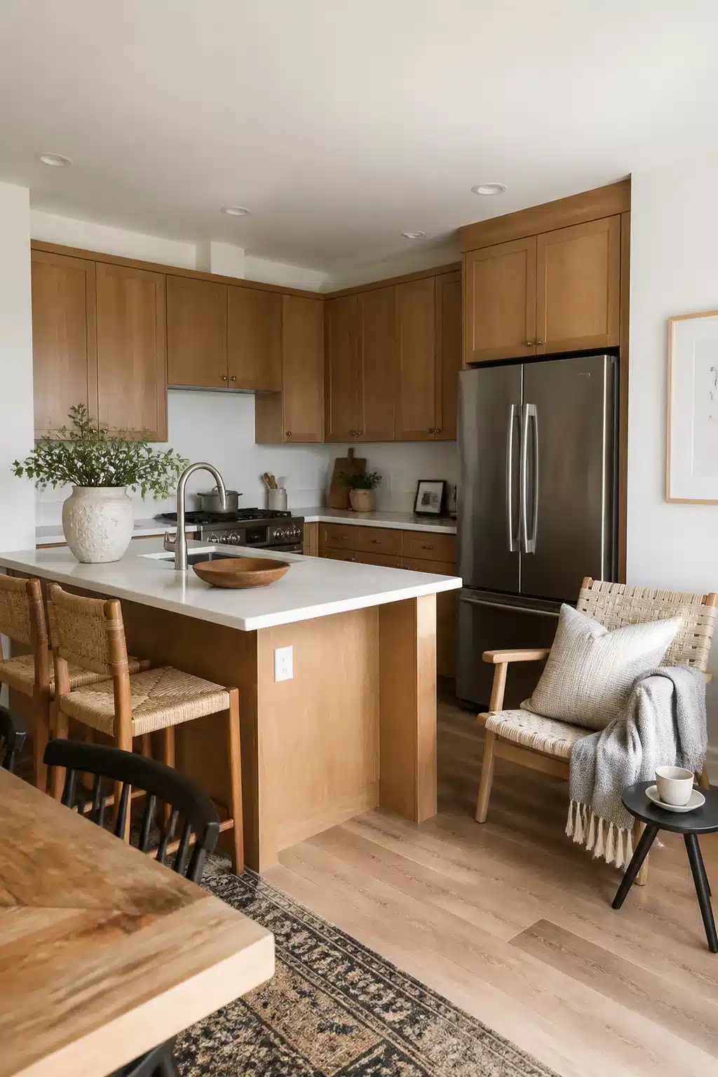 Medium-tone oak wood kitchen cabinets with white counters on a peninsula, rattan barstools, and stainless refrigerator