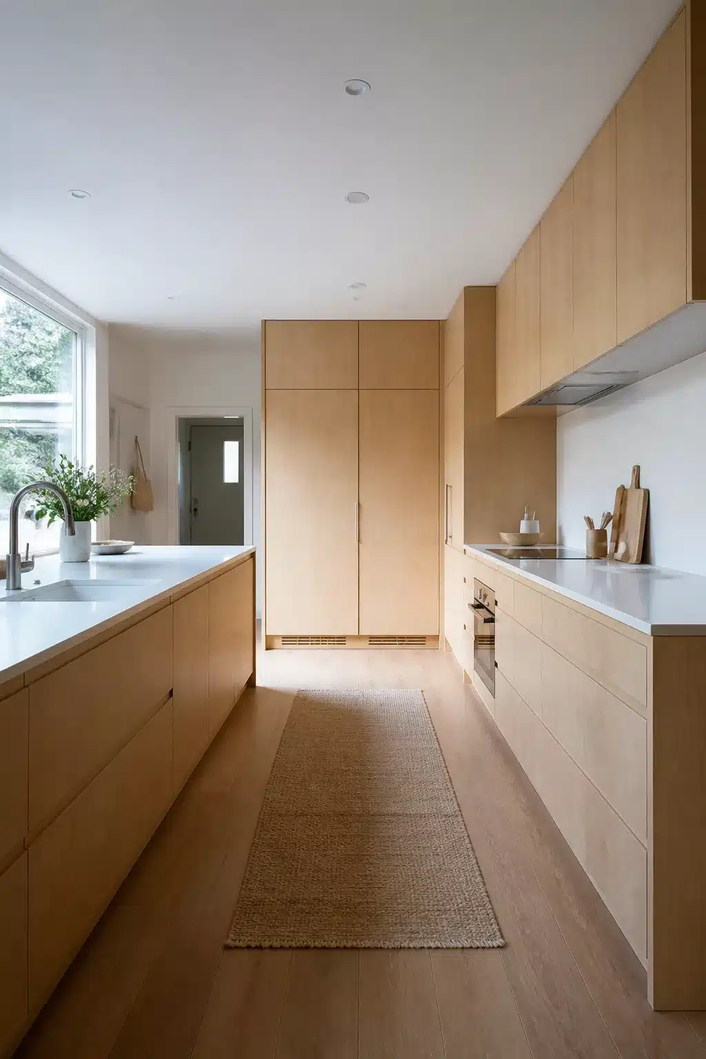 Spruce flat-front wood kitchen cabinets with white countertops, jute runner, and floor-to-ceiling storage in a galley kitchen