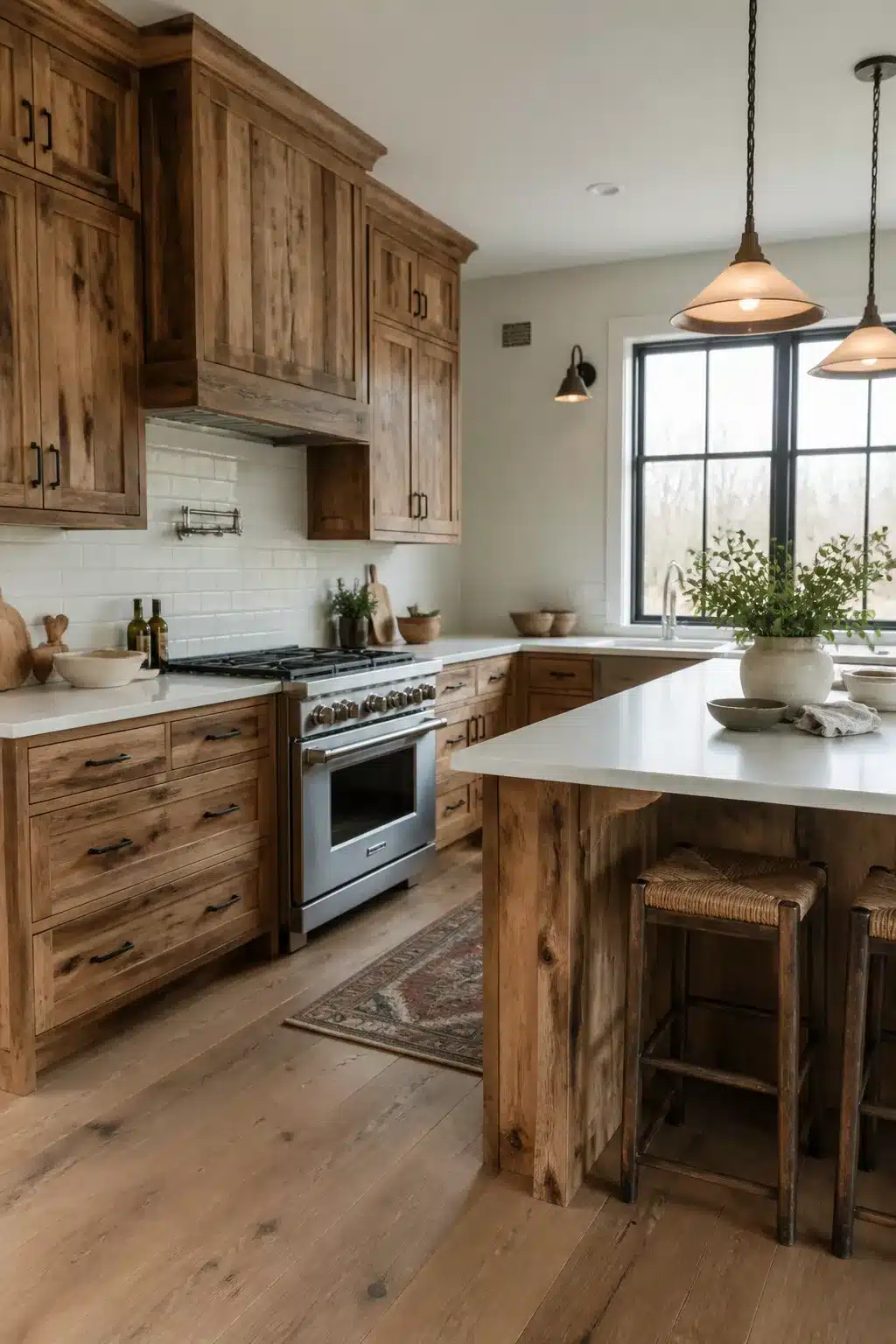 Knotty hickory wood kitchen cabinets with white counters, stainless range, and reclaimed wood island base