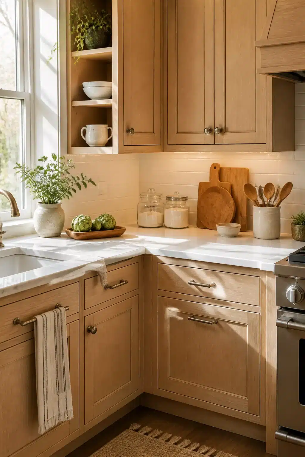 Light maple wood kitchen cabinets with white marble counters, open shelving, and a bright corner window