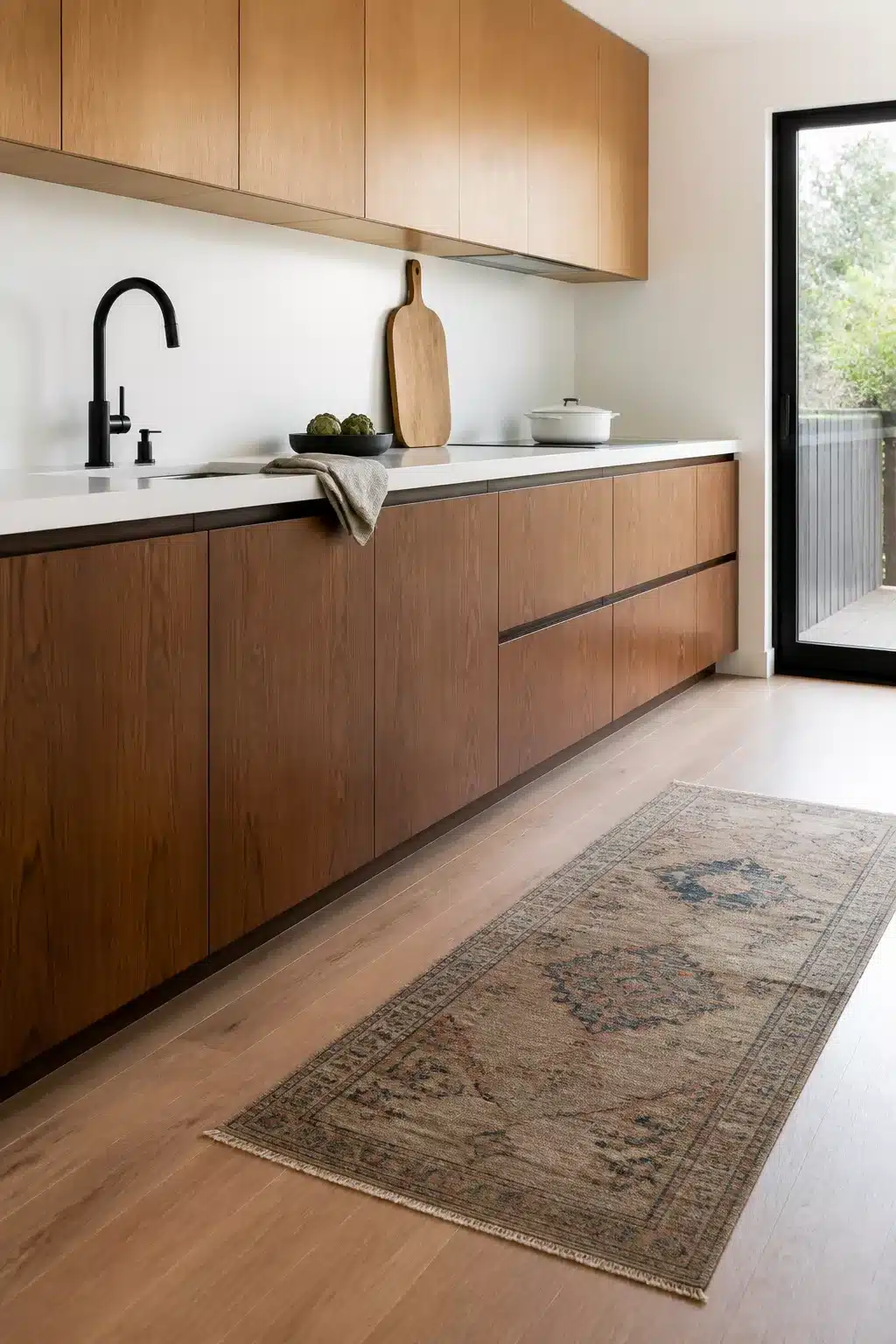 Dark teak flat-front wood kitchen cabinets with white counters and a vintage runner on light oak flooring.