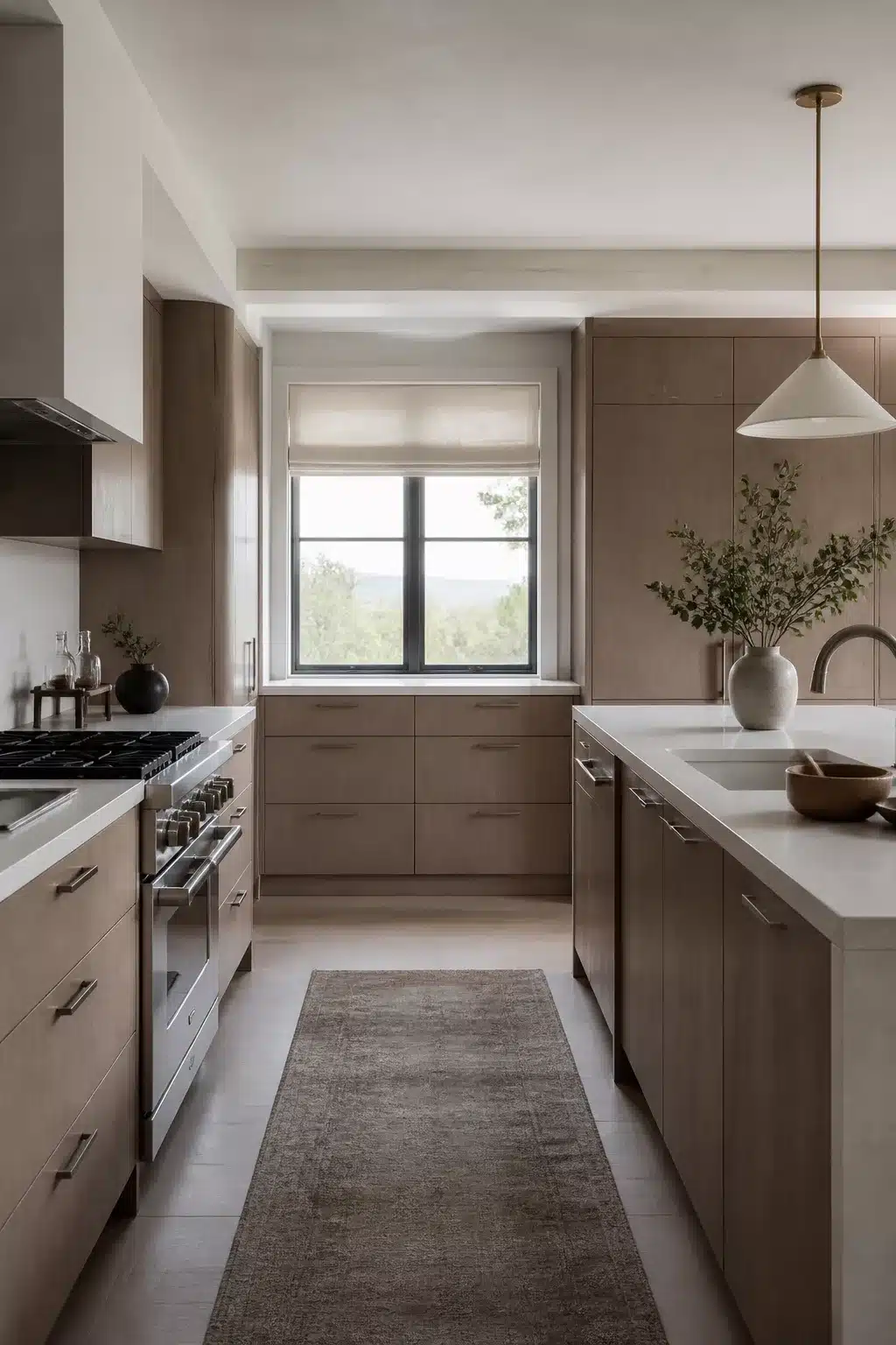 Bleached walnut wood kitchen cabinets with white quartzite counters, brass pendant, and gray runner in a galley kitchen