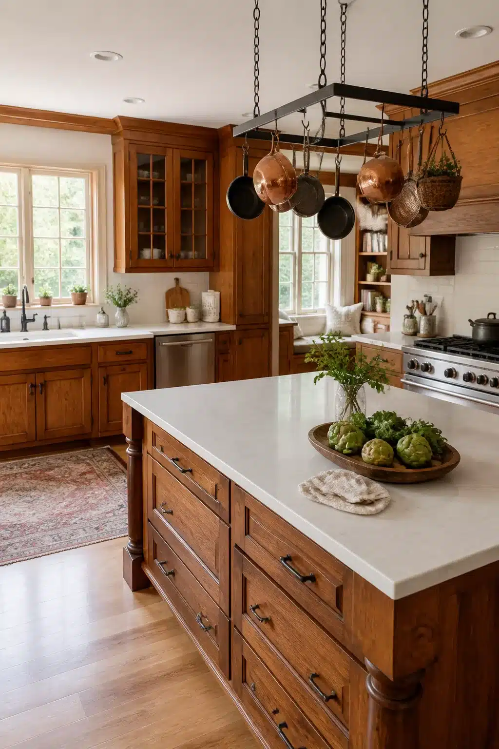 Wood kitchen cabinets with white counters, red oak island, hanging copper pot rack, and white slab countertop