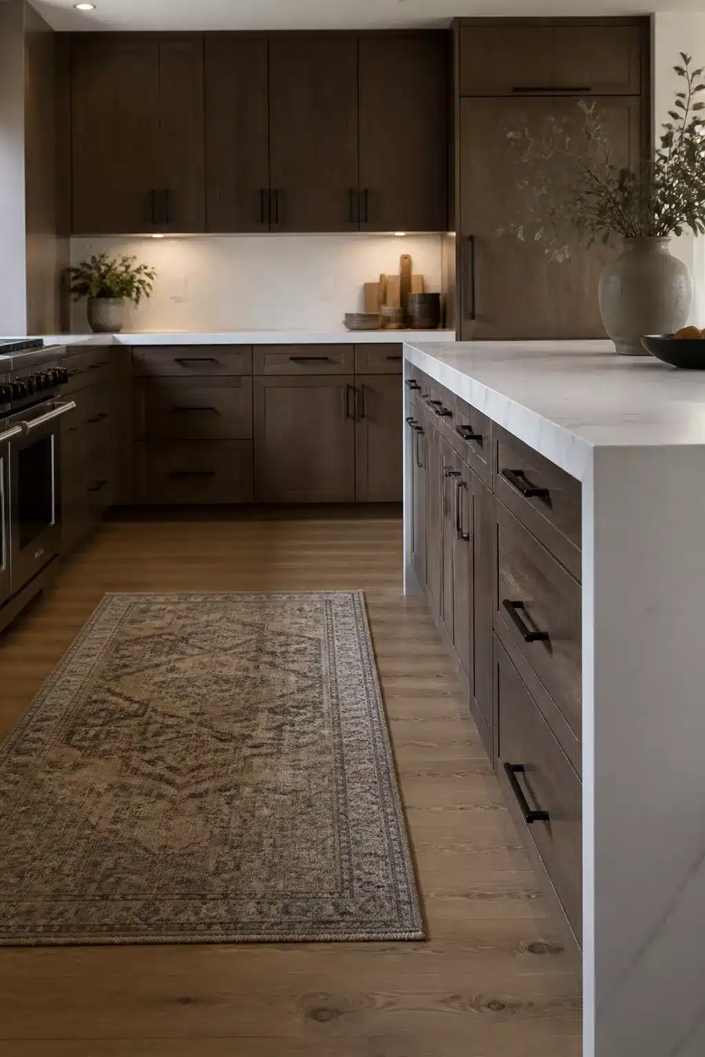 Smoked oak wood kitchen cabinets with white quartz counters, black pulls, and a vintage runner rug
