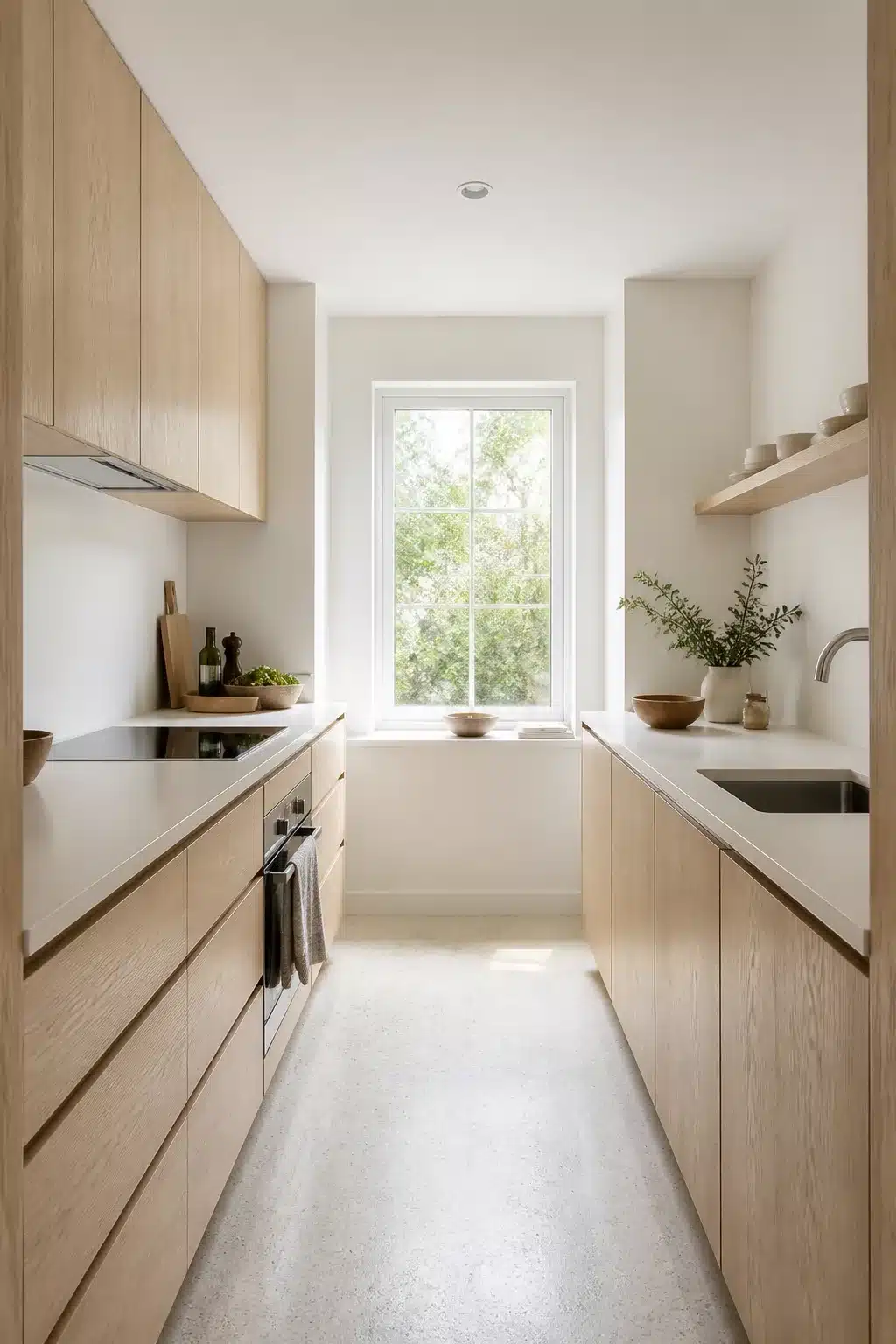 Light ash wood kitchen cabinets with white counters in a minimal galley kitchen with open shelving