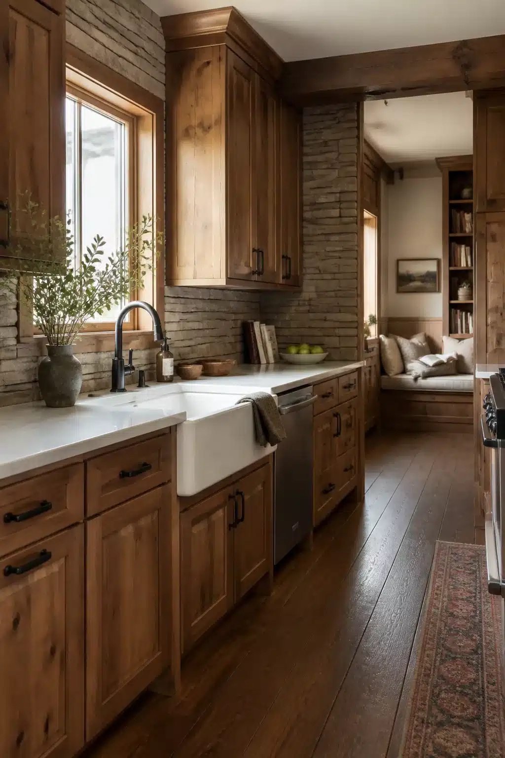 Knotty alder wood kitchen cabinets with white countertops, farmhouse sink, stone backsplash, and dark hardwood floors.