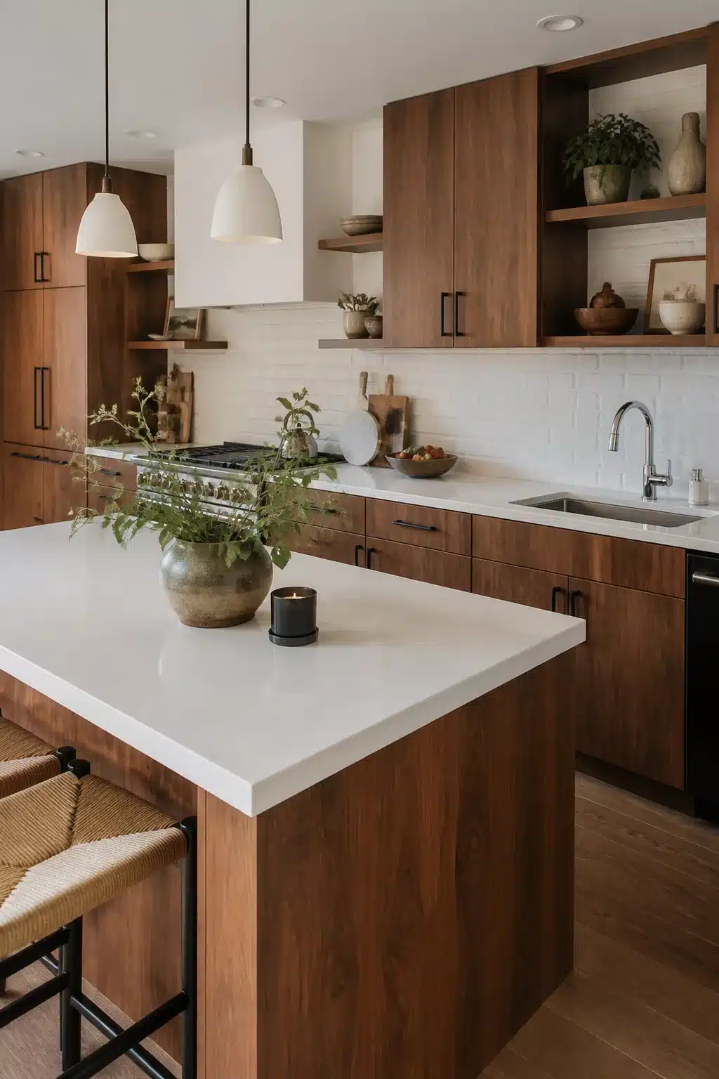 Walnut wood kitchen cabinets with white counters, open shelving, subway tile backsplash, and black hardware