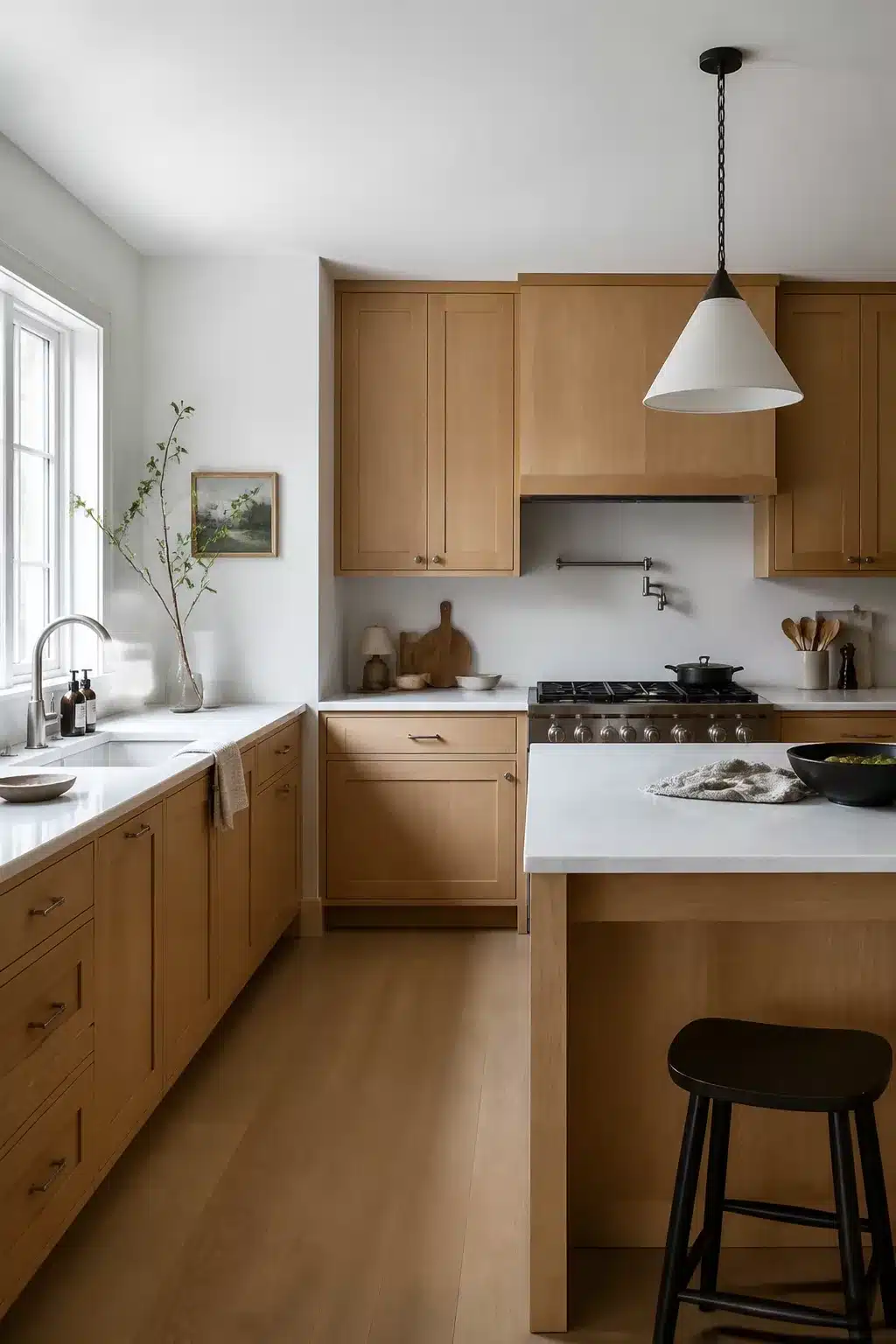 Pale birch wood kitchen cabinets with white quartz counters, black pendant light, and compact island