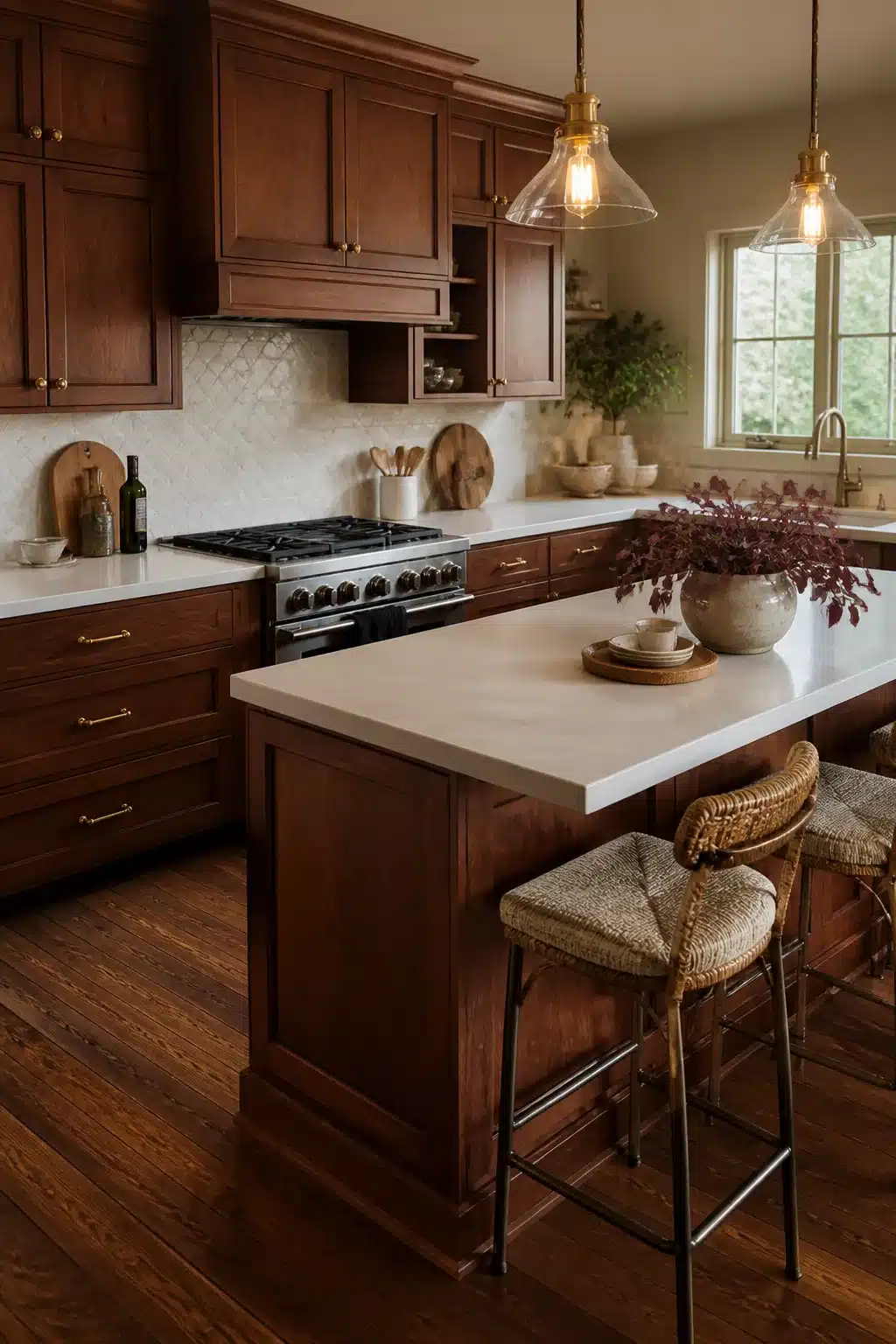 Cherry wood kitchen cabinets with thick white concrete countertops, brass hardware, and woven barstools