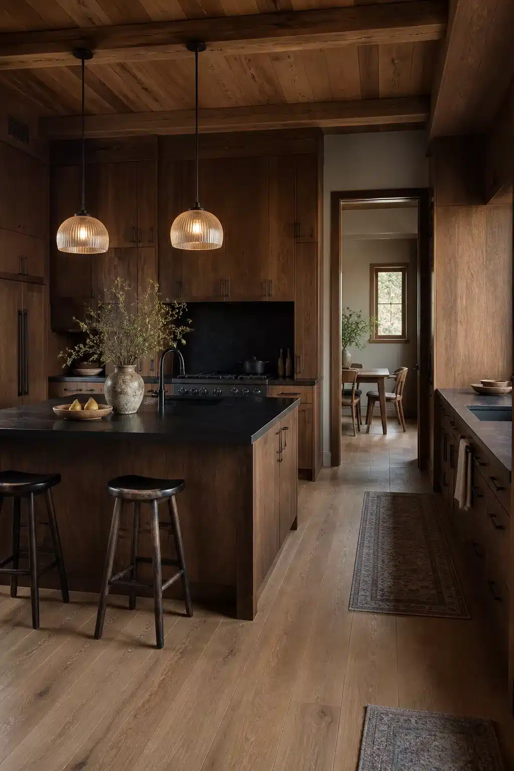 Dark walnut shaker cabinet kitchen with black countertops and ribbed glass pendants — wood kitchen ideas