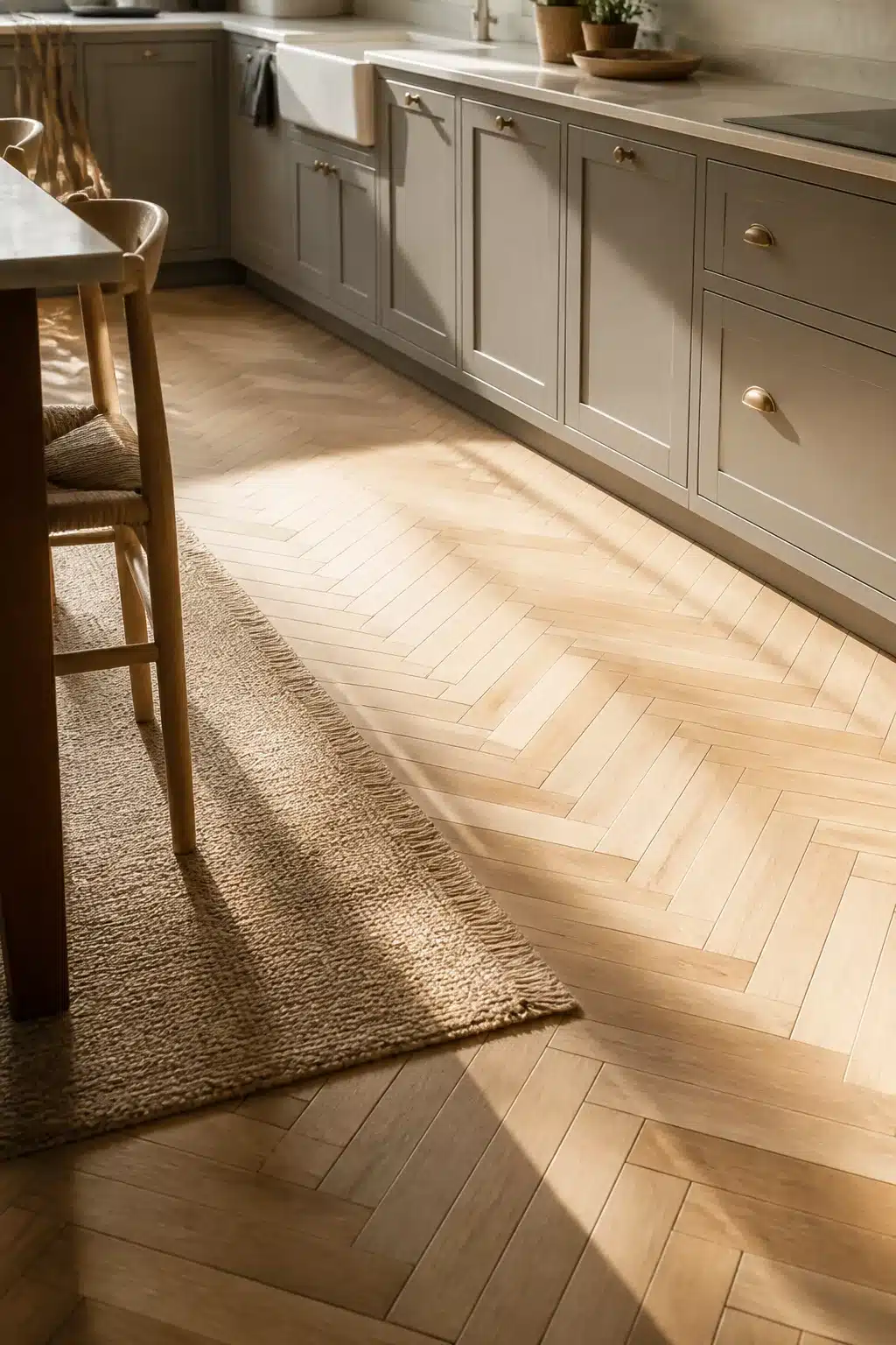 Herringbone light oak floor with warm gray shaker cabinets — wood kitchen ideas with natural texture and brass hardware
