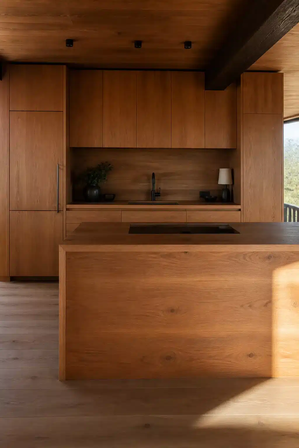 Teak wood kitchen ideas with integrated appliances, matching wood ceiling, and flush slab cabinets throughout