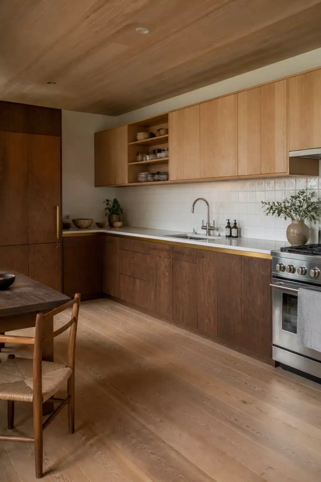 Two-tone wood kitchen ideas with light oak upper cabinets, dark walnut lowers, and white tile backsplash
