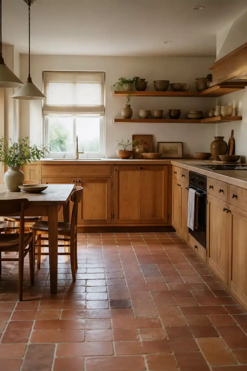 Honey oak wood kitchen ideas with terracotta tile floor, open shelving, and stoneware pottery