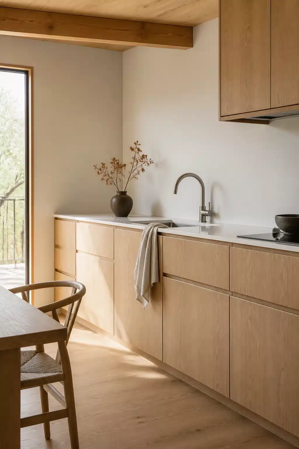 Japandi wood kitchen ideas with flat-front oak cabinets, white stone countertop, and minimalist styling