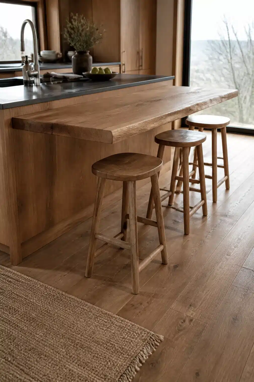 Live-edge wood breakfast bar with round wooden stools in a warm oak kitchen — Wood Kitchen Ideas
