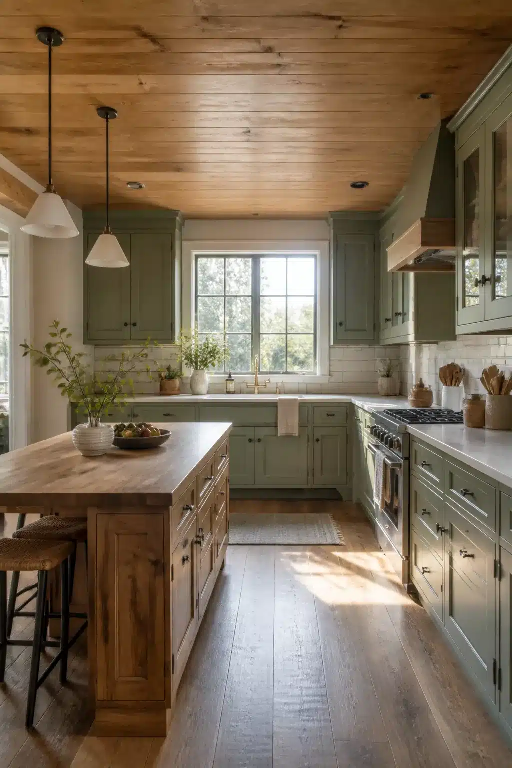 Sage green painted cabinets with a warm butcher block wood island — wood kitchen ideas with a cozy farmhouse feel