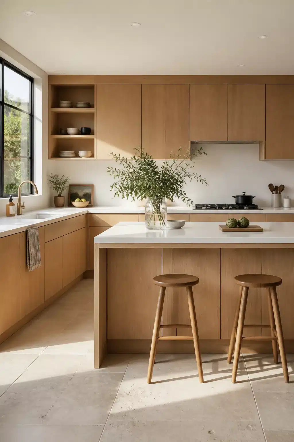 Light oak flat-front wood kitchen ideas with white stone island and open shelving — modern minimalist design