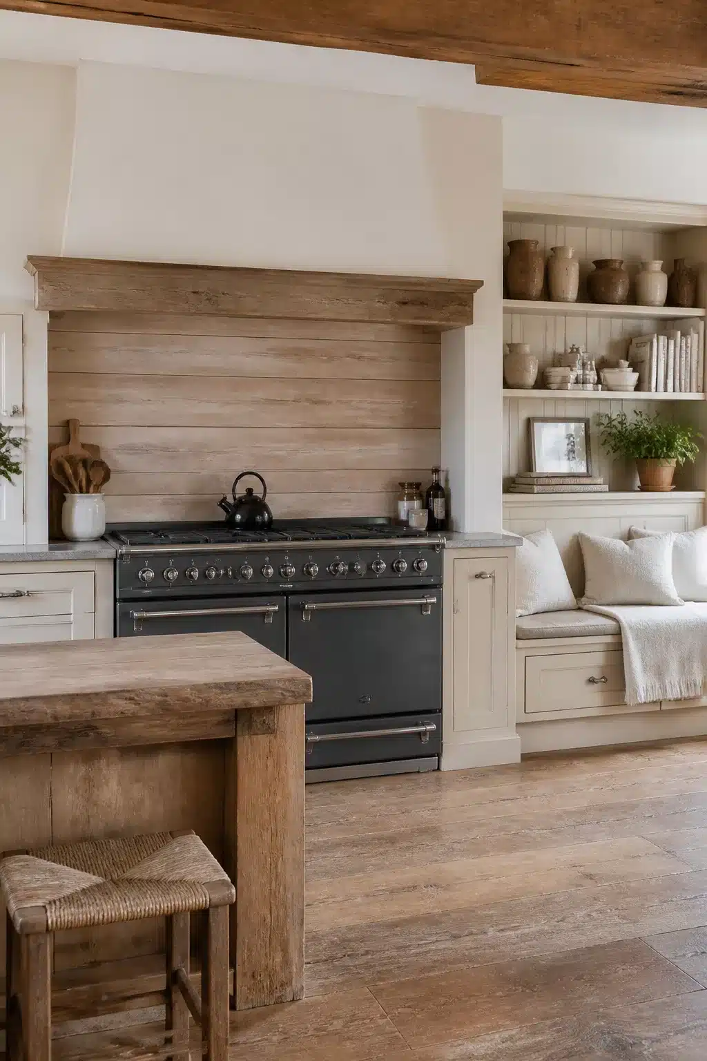 Wood kitchen ideas with shiplap backsplash, black range, built-in bench, and open shelves styled with earthy ceramics