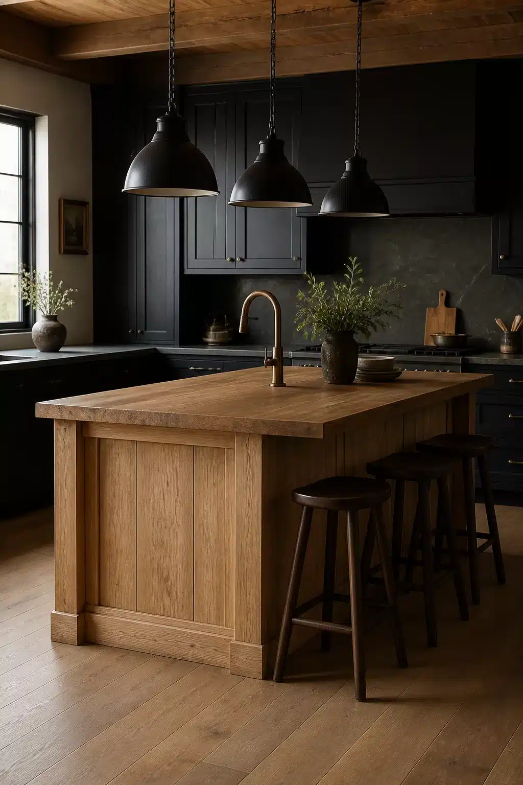 Black cabinet kitchen with oak island worktop and dome pendants — bold wood kitchen ideas for dramatic spaces