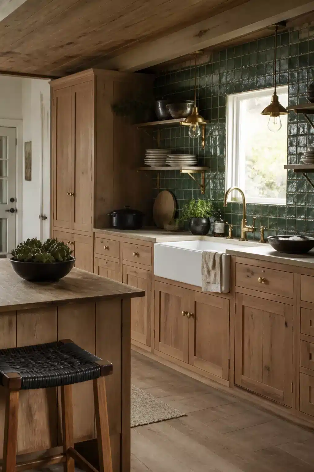Natural oak cabinets with deep green glazed tile backsplash and brass fixtures — Wood Kitchen Ideas