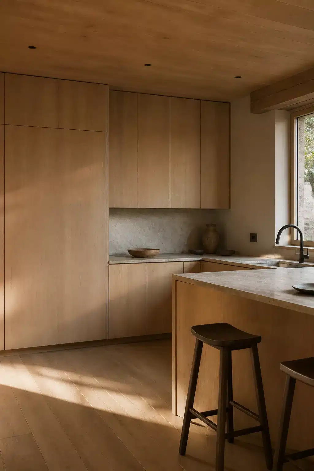 Minimalist wood kitchen ideas with handleless oak cabinets, stone countertop, and matching wood ceiling