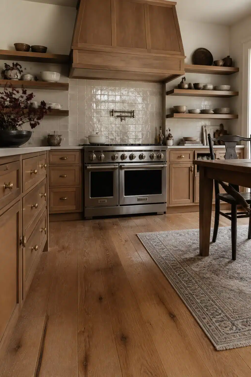 Wood kitchen ideas with custom oak range hood, handmade tile backsplash, open shelves and wide-plank floors