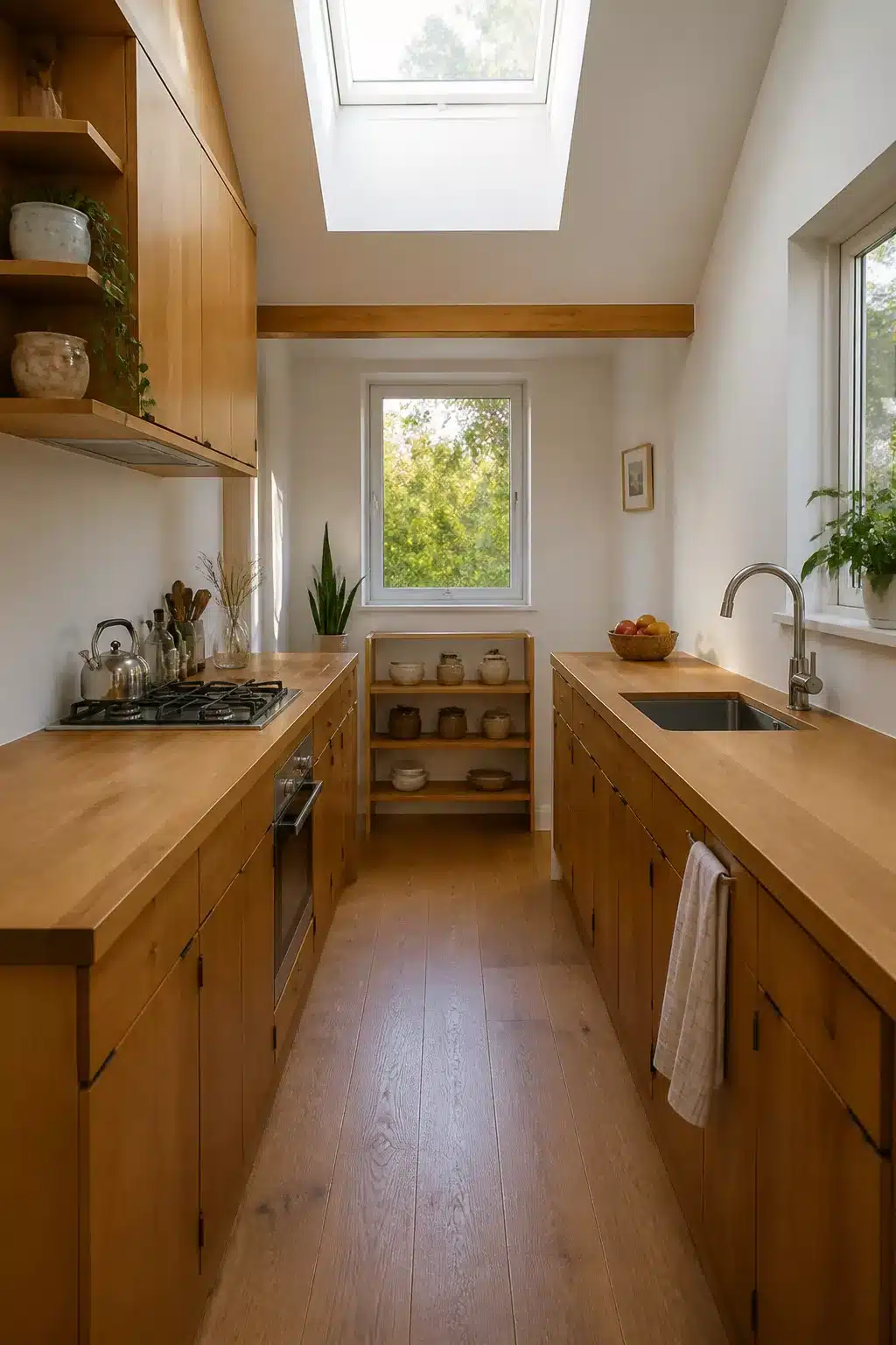 Skylit galley kitchen with warm maple cabinetry and wood countertops — small wood kitchen ideas