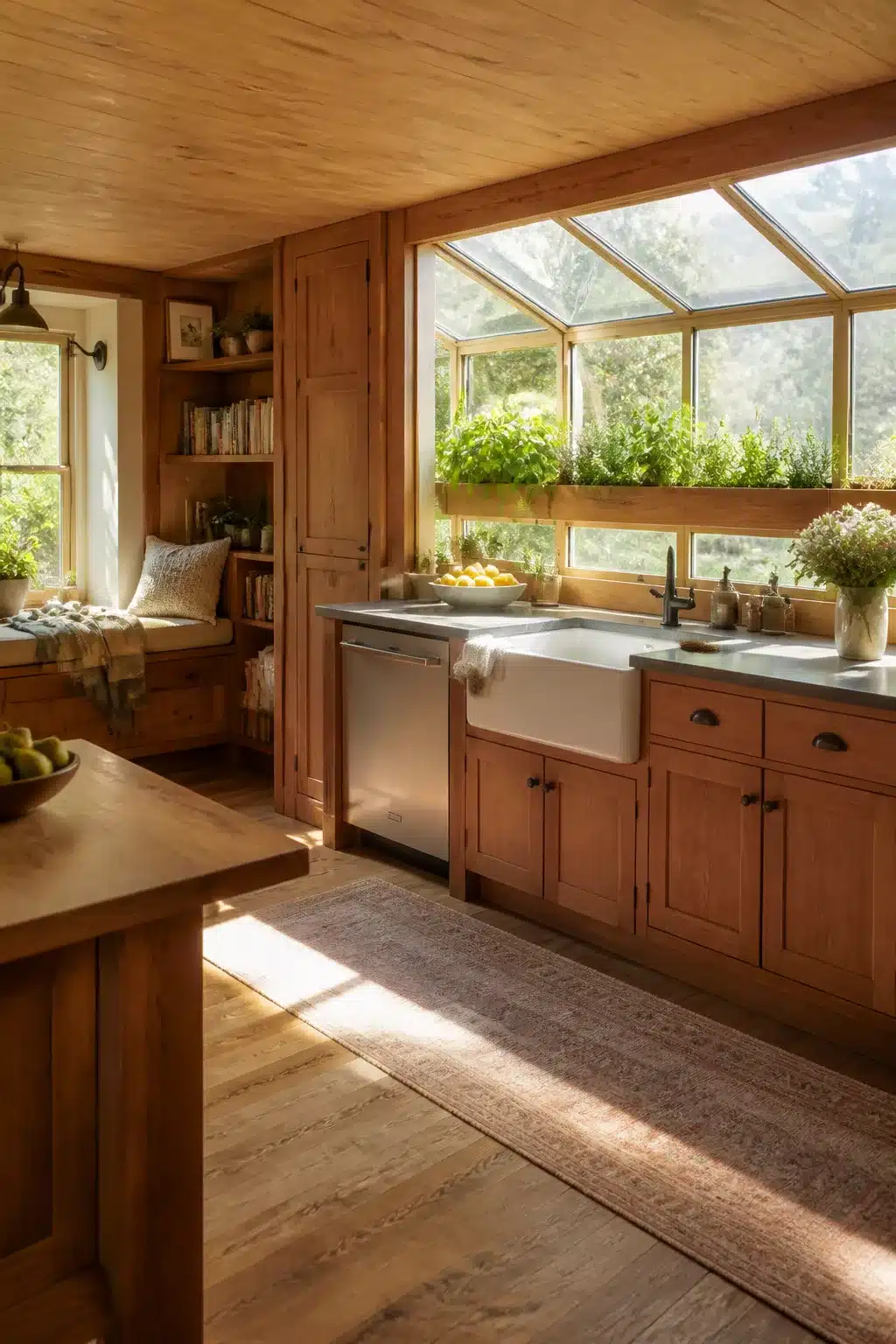 Wood kitchen ideas with cedar cabinets, greenhouse skylight window, herb garden ledge, and farmhouse sink